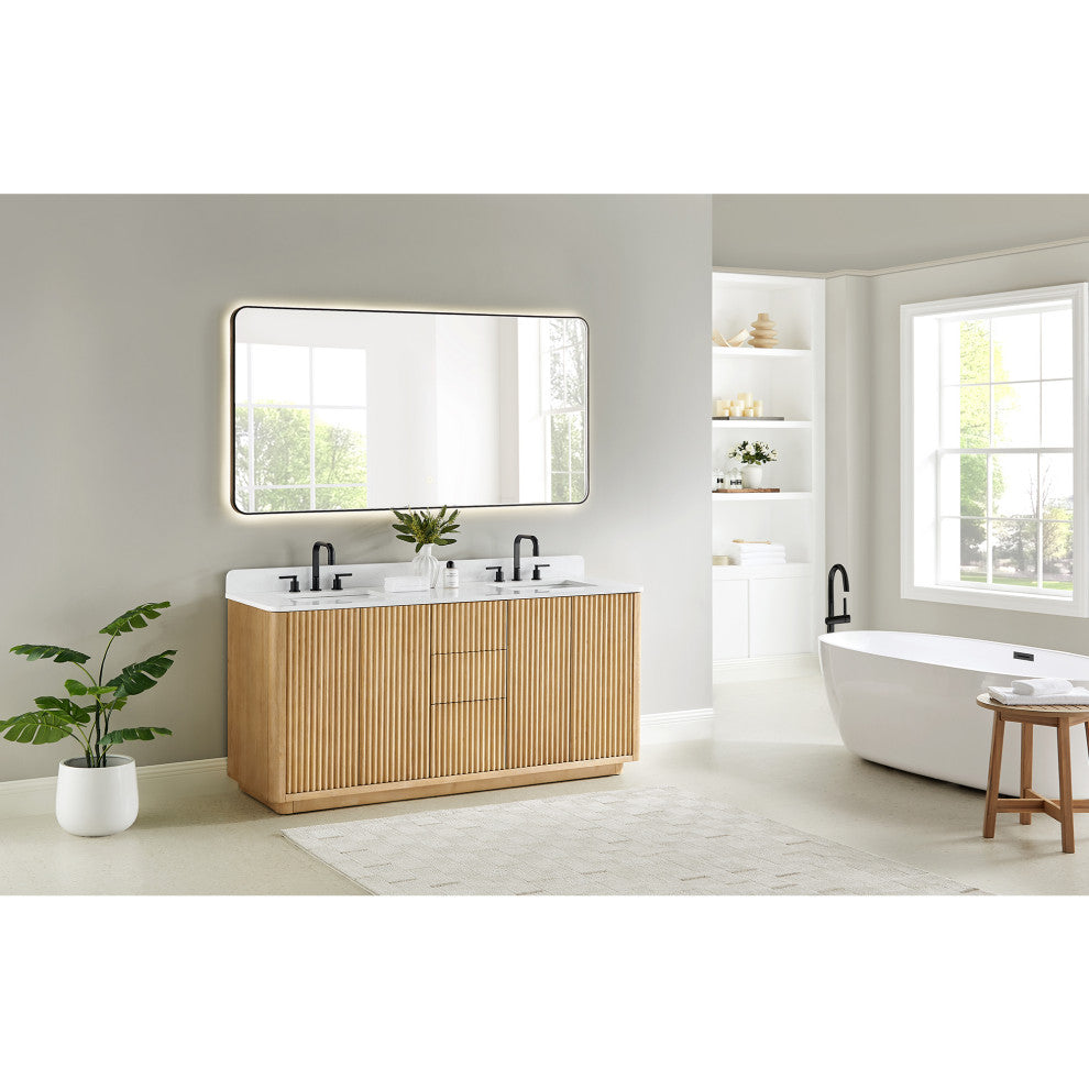 Clayton Bathroom Vanity, Washed Light Brown, 72", No Mirror