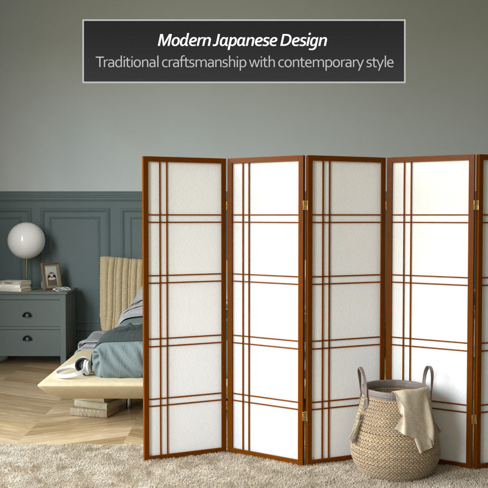 5' Tall Double Cross Shoji Screen, Walnut, 5 Panels