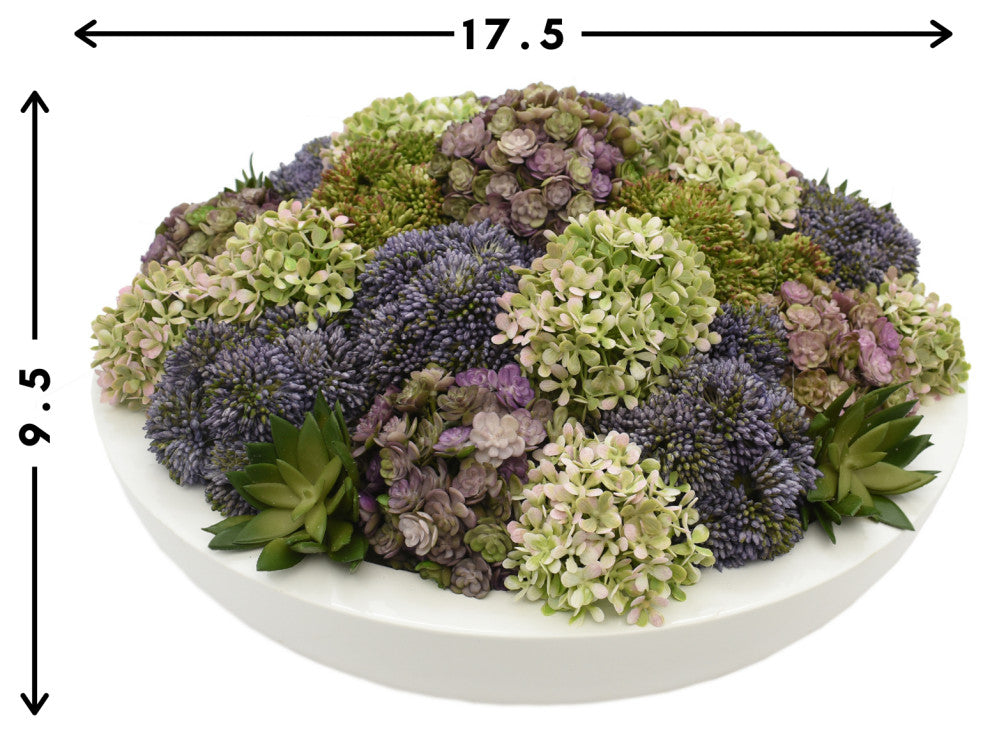 Creative Displays Arrangement, Sedum and Hydrangea, Glossy White Round Planter