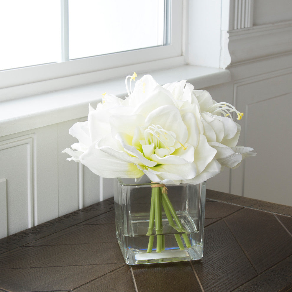 Pure Garden Lily Floral Arrangement With Glass Vase, Cream