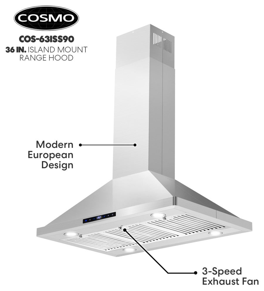 36" 380 CFM Ducted Island Range Hood with LED Lighting in Stainless Steel