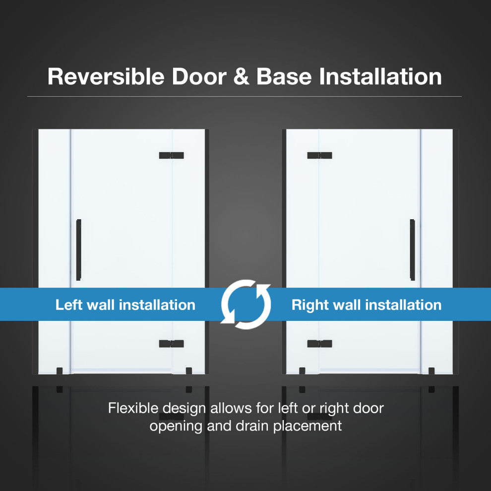 Tampa Alcove Frameless Pivot Hinge Shower Door Kit With Base Pan, Black, 54x36"