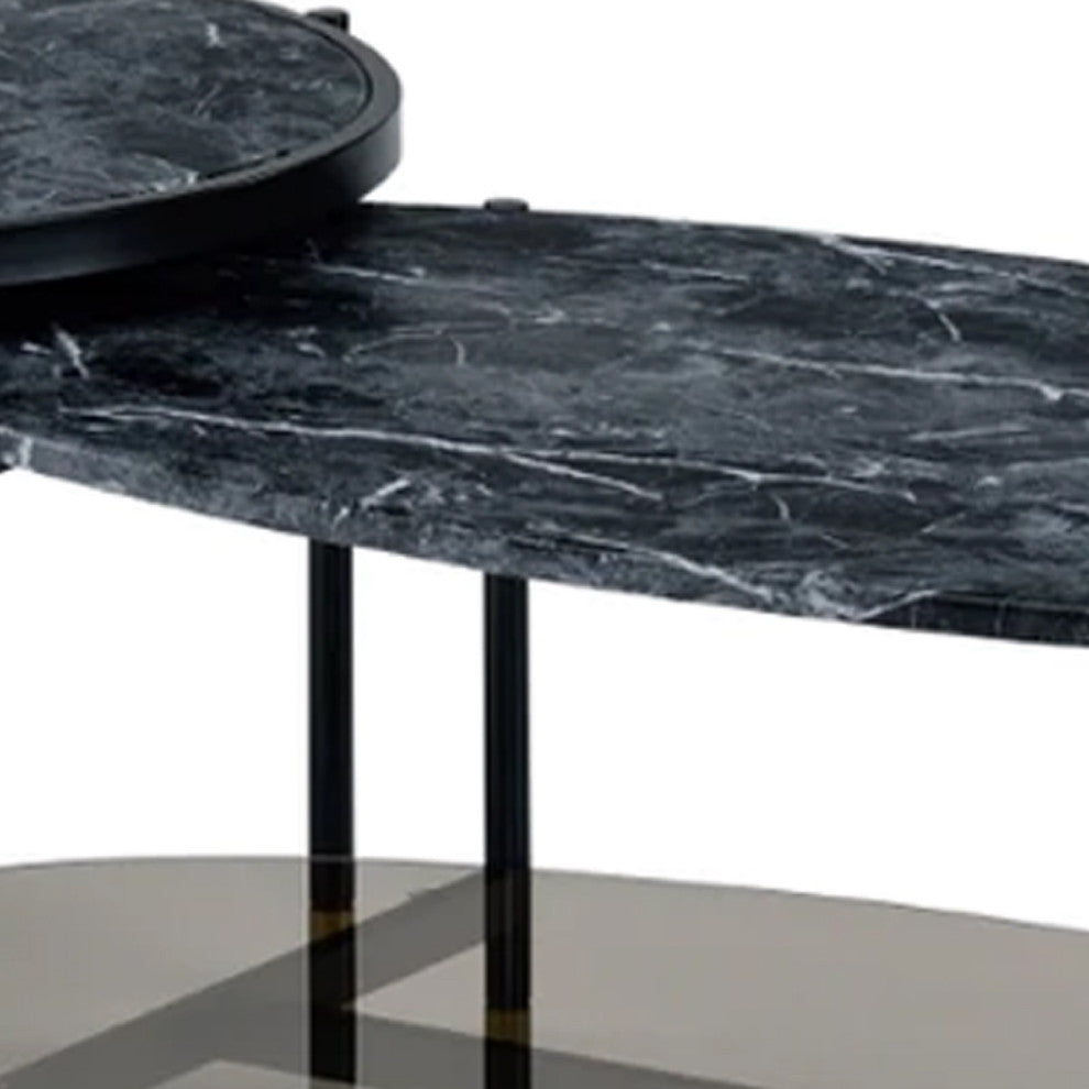 Benzara BM275495 2 Piece Nesting Coffee Table, Marble Top, Glass Shelf, Black