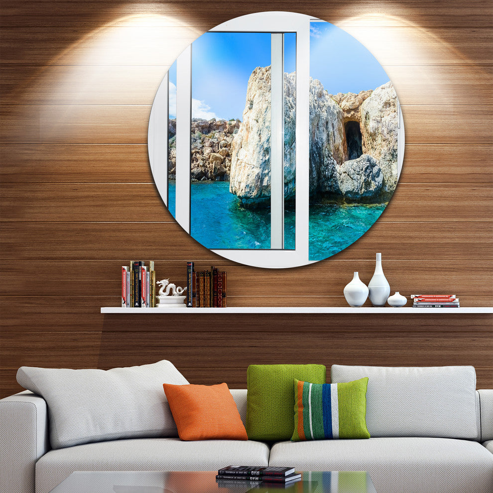 Open Window To Rocky Sunny Ocean, Seashore Disc Metal Artwork, 11"