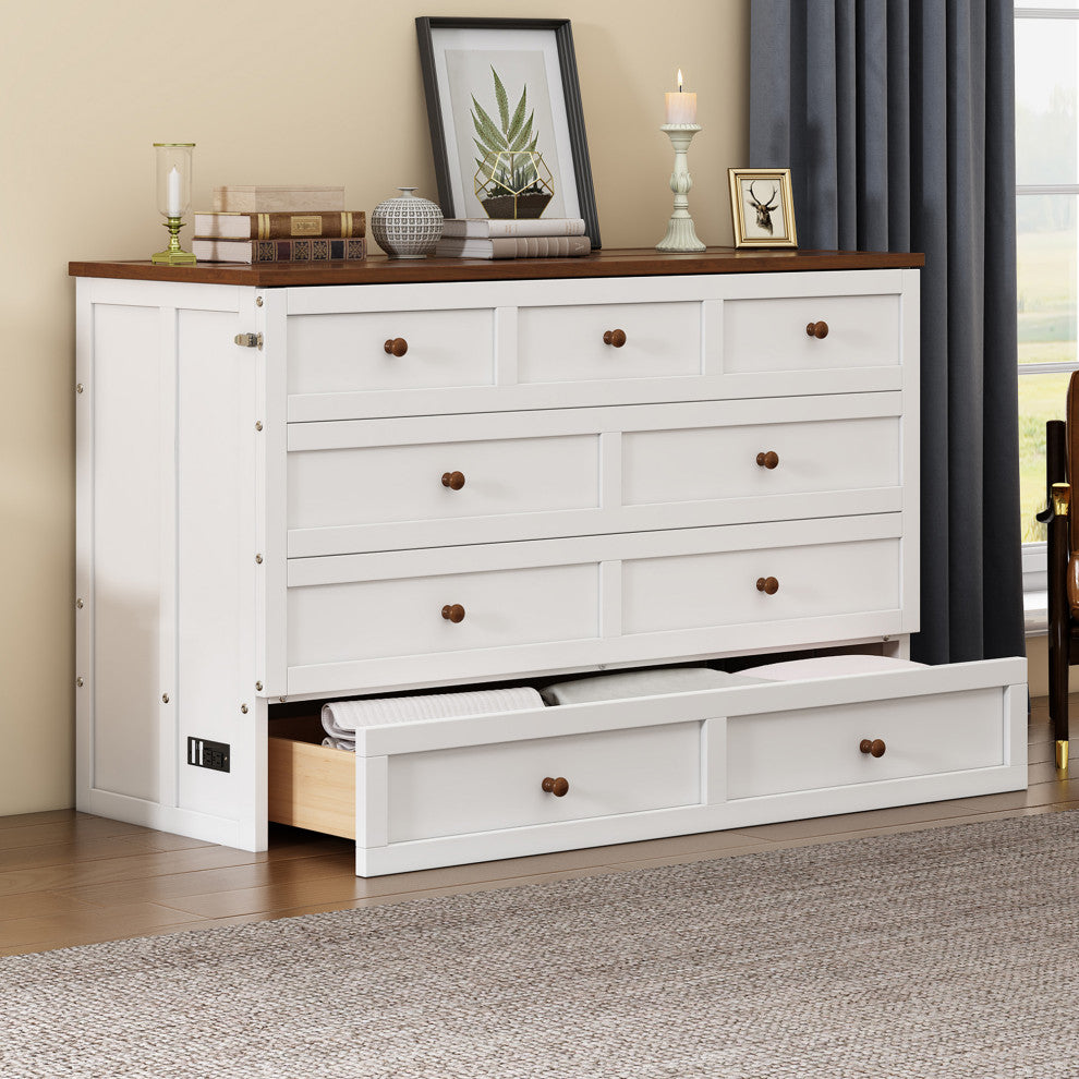 Full/Queen Solid Pine Frame Murphy Bed, Charging Station, Full