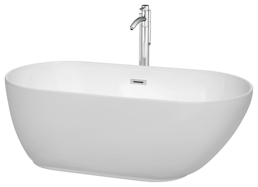 Melissa 60" Freestanding White Bathtub, Polished Chrome Tub Filler & Trim Kit