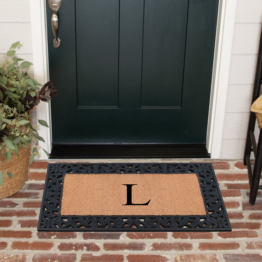 A1HC Rubber & Coir Floral Outdoor Durable Monogram Doormat 18"x30", Black, L