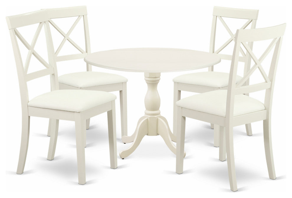 5 Pc Dining Set, 1 Drop Leaves Table, 4 Linen White Faux Leather Chairs