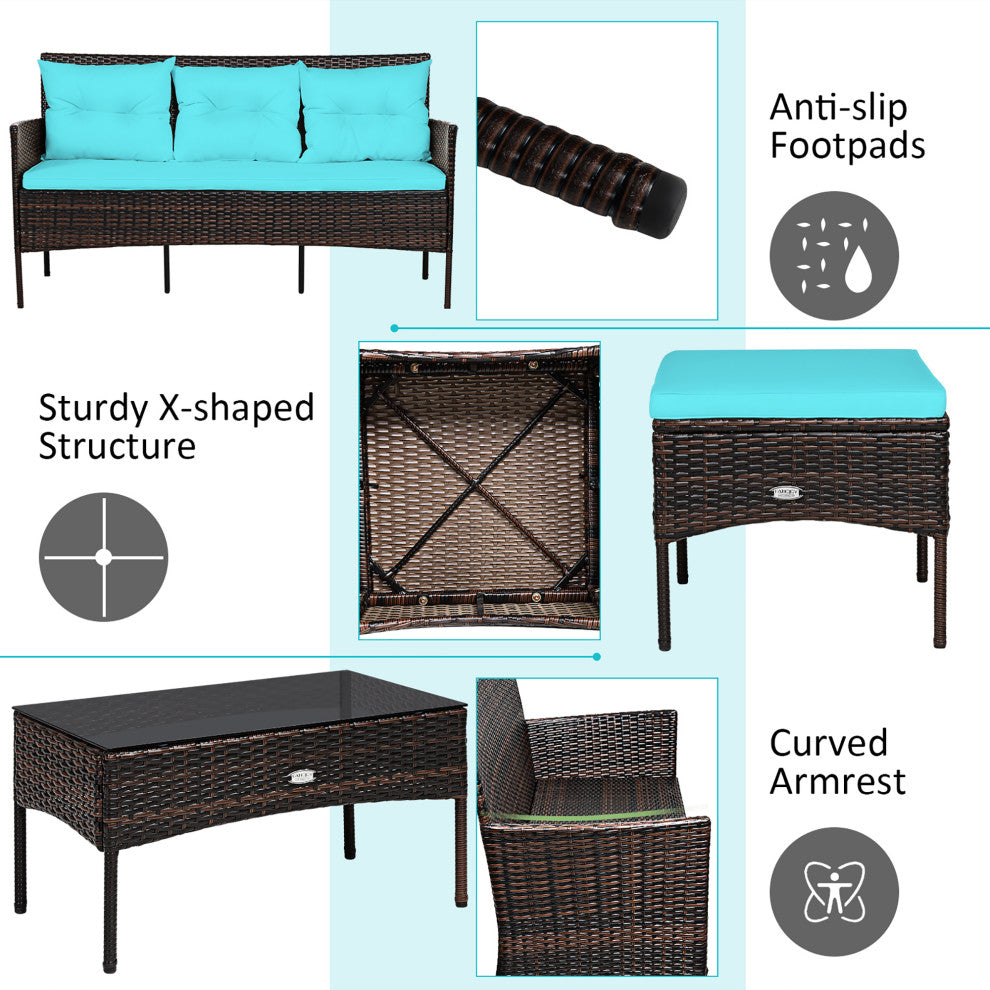 Costway 3PCS Patio Rattan Furniture Set 3-Seat Sofa Cushioned Table Turqouise