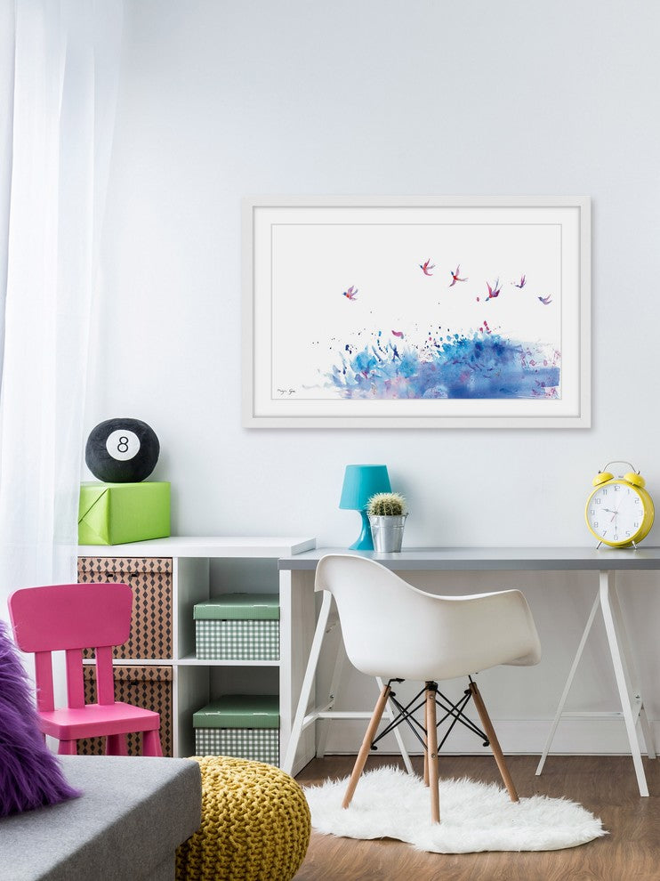 Marmont Hill, "Birds Flying Over Sea" by Maya Gur Framed Painting Print, 30x20