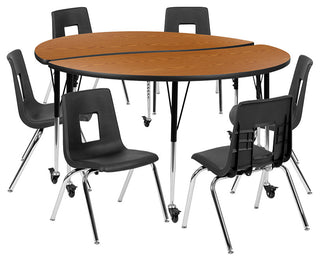 Mobile 60" Circle Wave Activity Table Set with 18" Student Stack Chairs, Oak