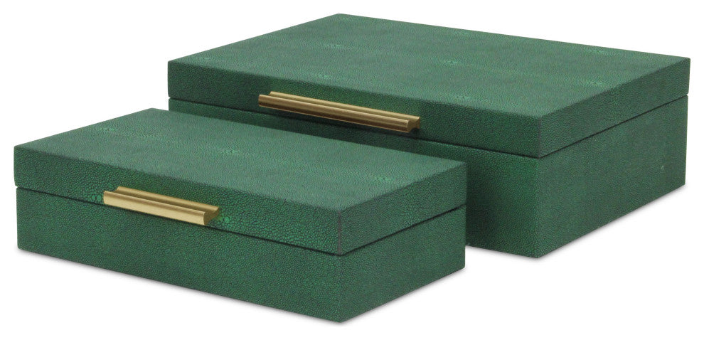 Lusan Rectangular Decorative Box Set, Green Faux Shagreen