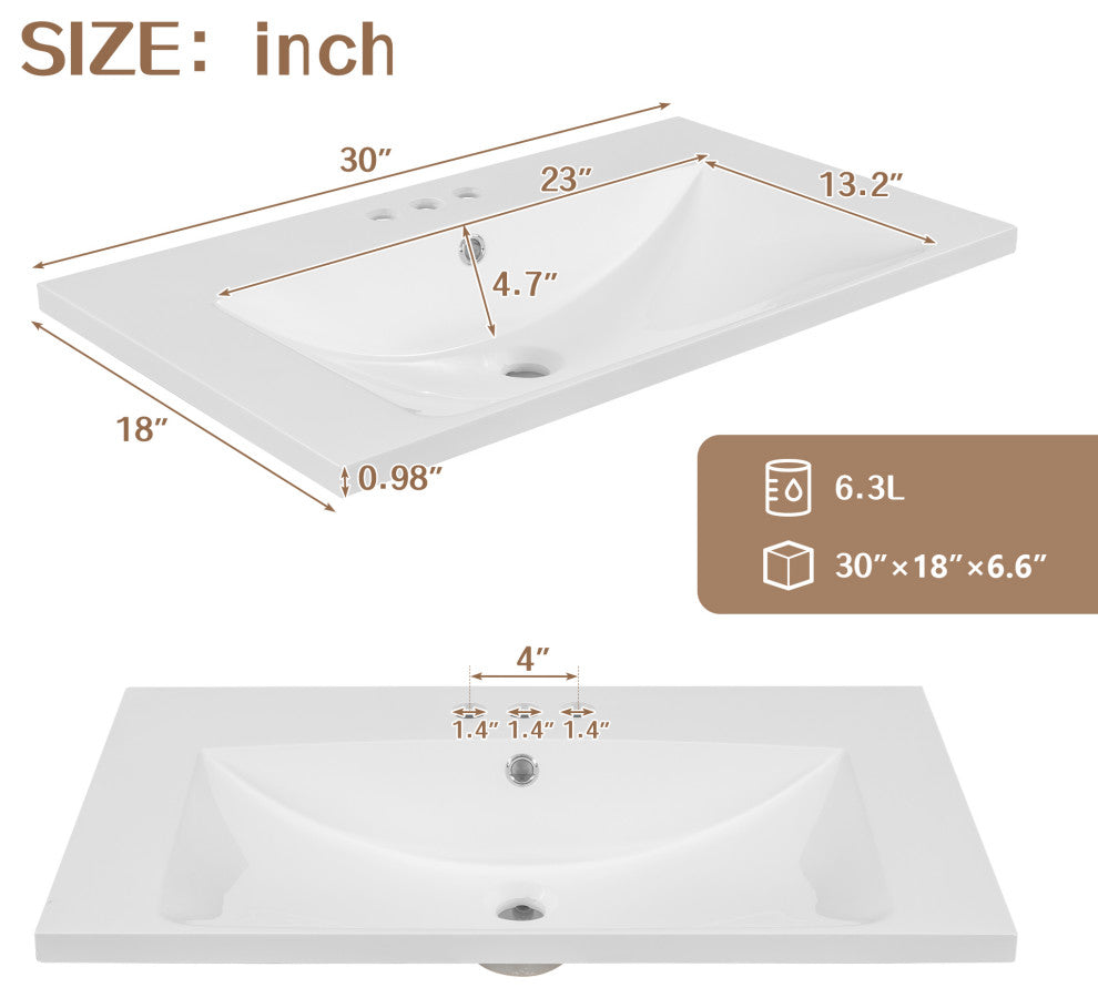30" W x 18., D. x 32" H Bath Vanity, White Ceramic Top, White