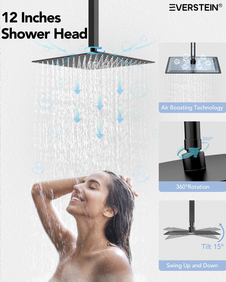 Themostatic Shower System 12" High-Pressure Dual Heads, Matte Black
