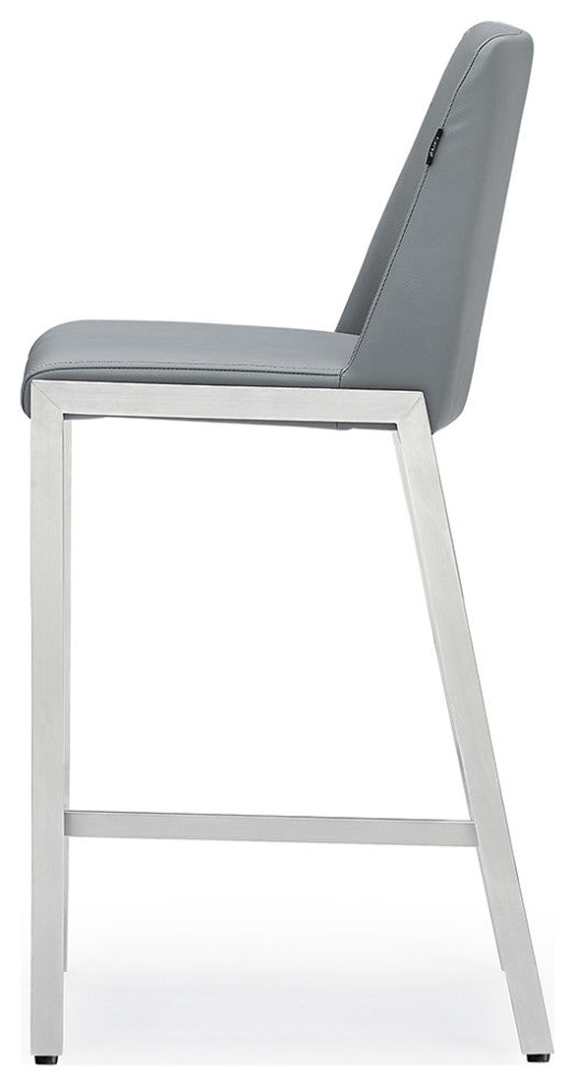 Eliza Leatherette Counter Stool With Polished Stainless Steel Legs, Gray
