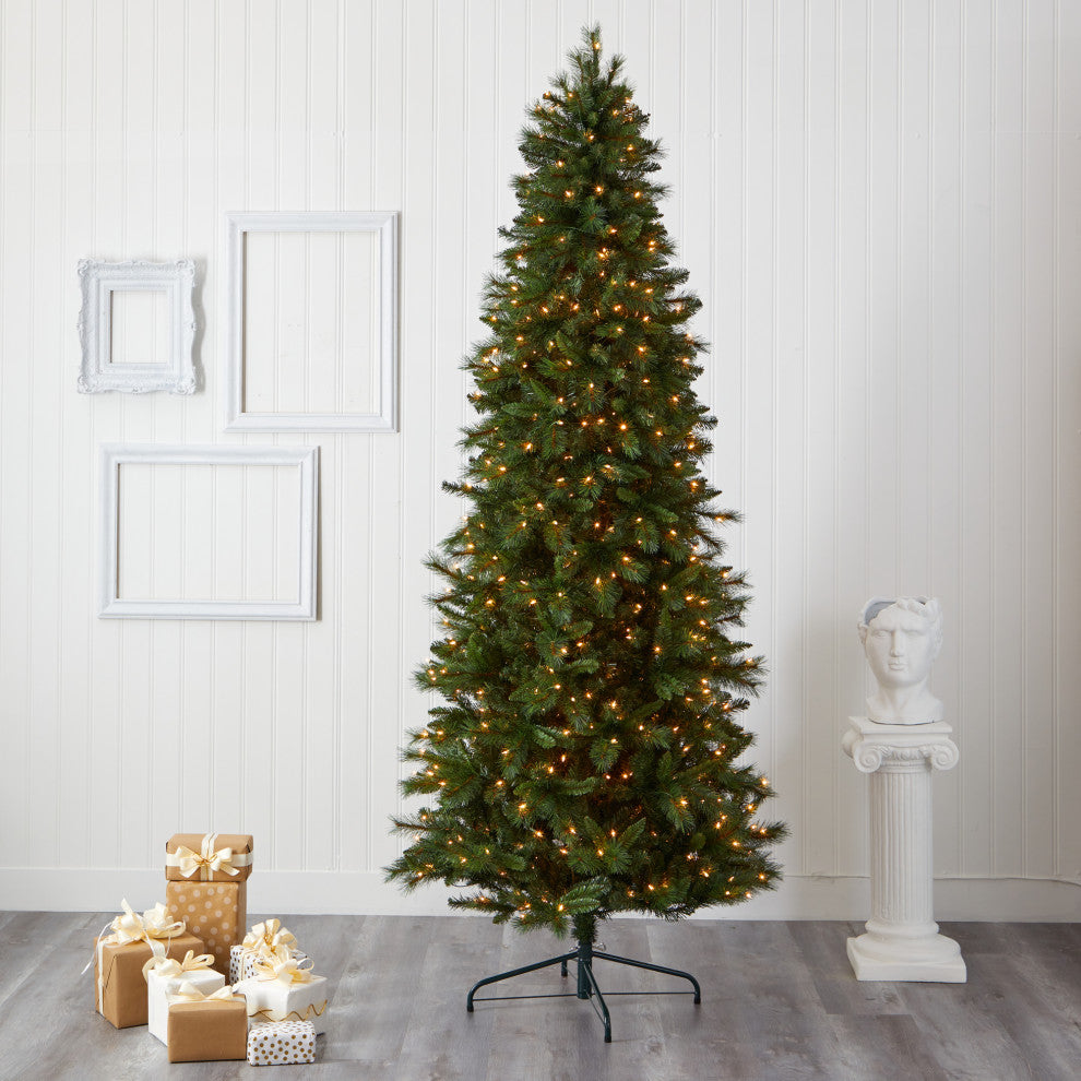 9' Slim West Virginia Mountain Pine Faux Xmas Tree W/ Lights & Bendable Branches