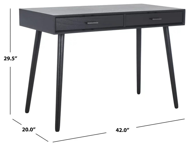 Contemporary Desk, Slim Angled Legs & 2 Drawers With Metal Pulls Handles, Black
