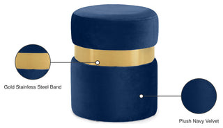 Hailey Velvet Upholstered Ottoman/Stool, Navy, Gold Band