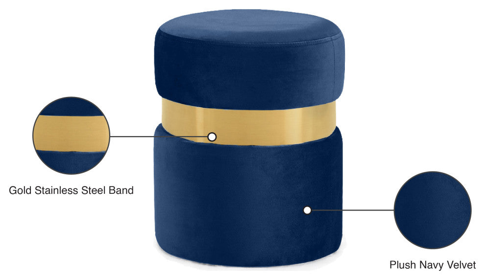 Hailey Velvet Upholstered Ottoman/Stool, Navy, Gold Band