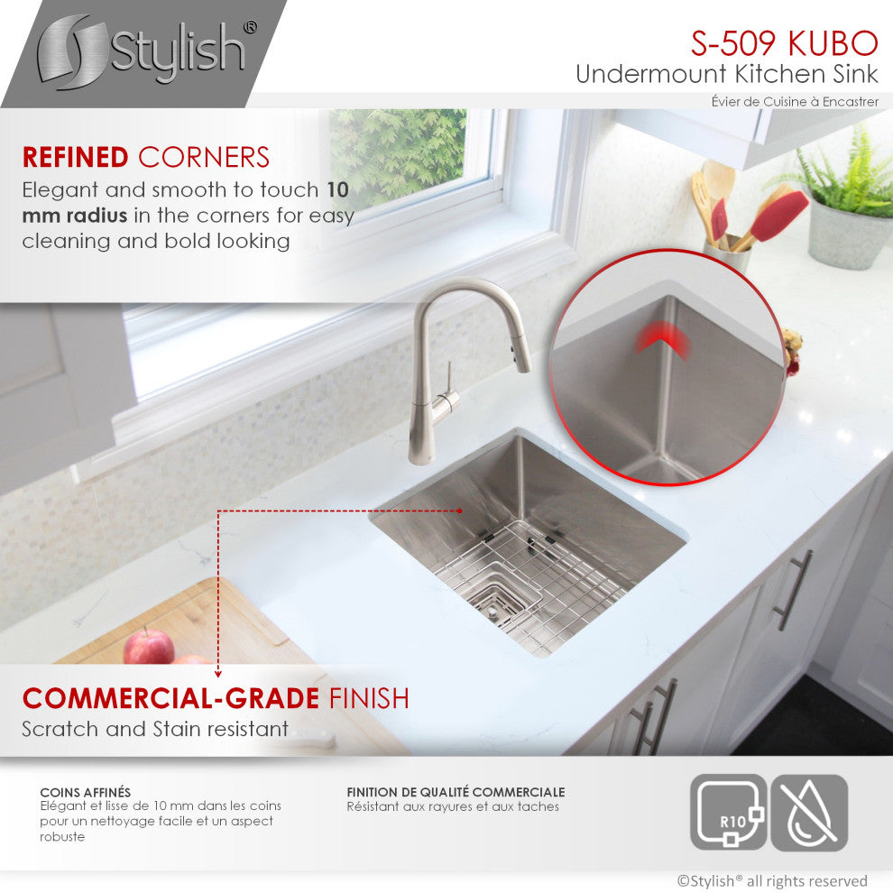 STYLISH 18" x 16" Stainless Steel Single Basin Undermount Kitchen Sink with Grid