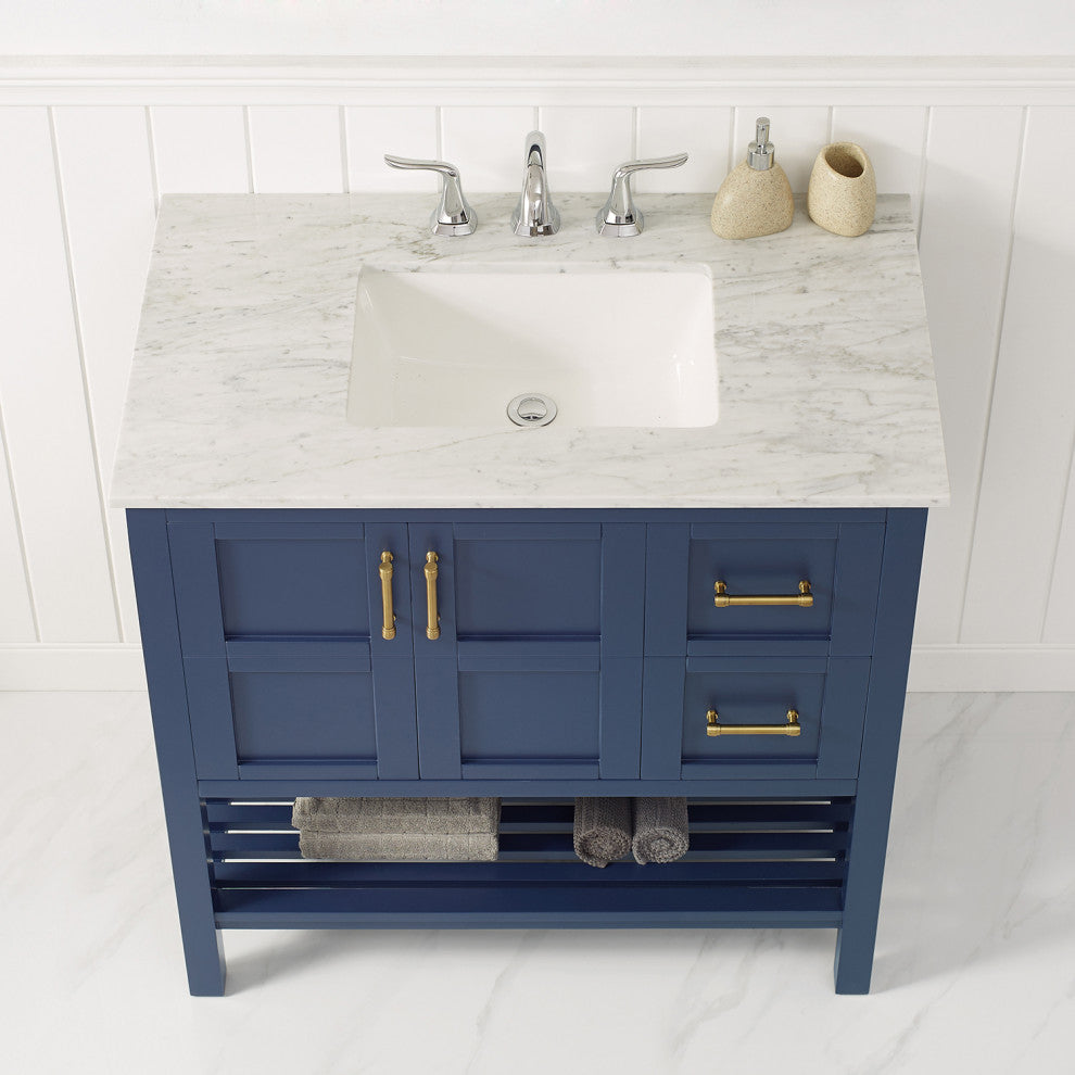 36" Vanity in Royal Blue with Carrara White Marble Countertop Without Mirror