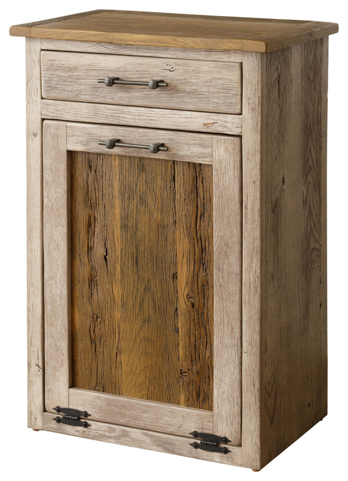 Reclaimed Oak Tilt-out Garbage Bin With Drawer, White With Warm Brown Glaze and Walnut