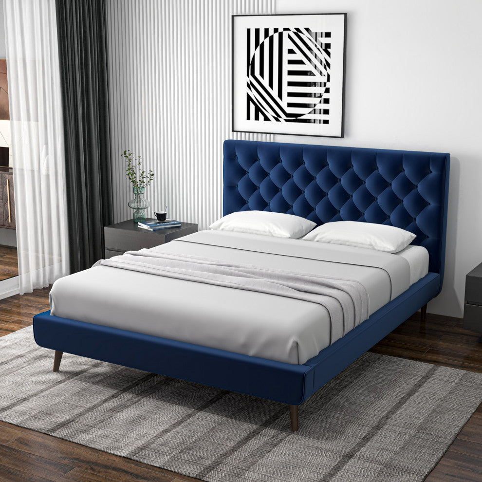 Ashley Midcentury Velvet Tufted Solid Wood Platform Bed, Blue, Queen