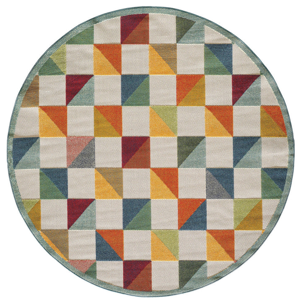 8" Round Orange Gray Triangle Indoor Outdoor Area Rug