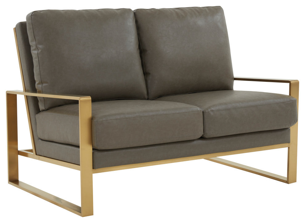 LeisureMod Jefferson Leather Modern Design Loveseat With Gold Frame, Gray