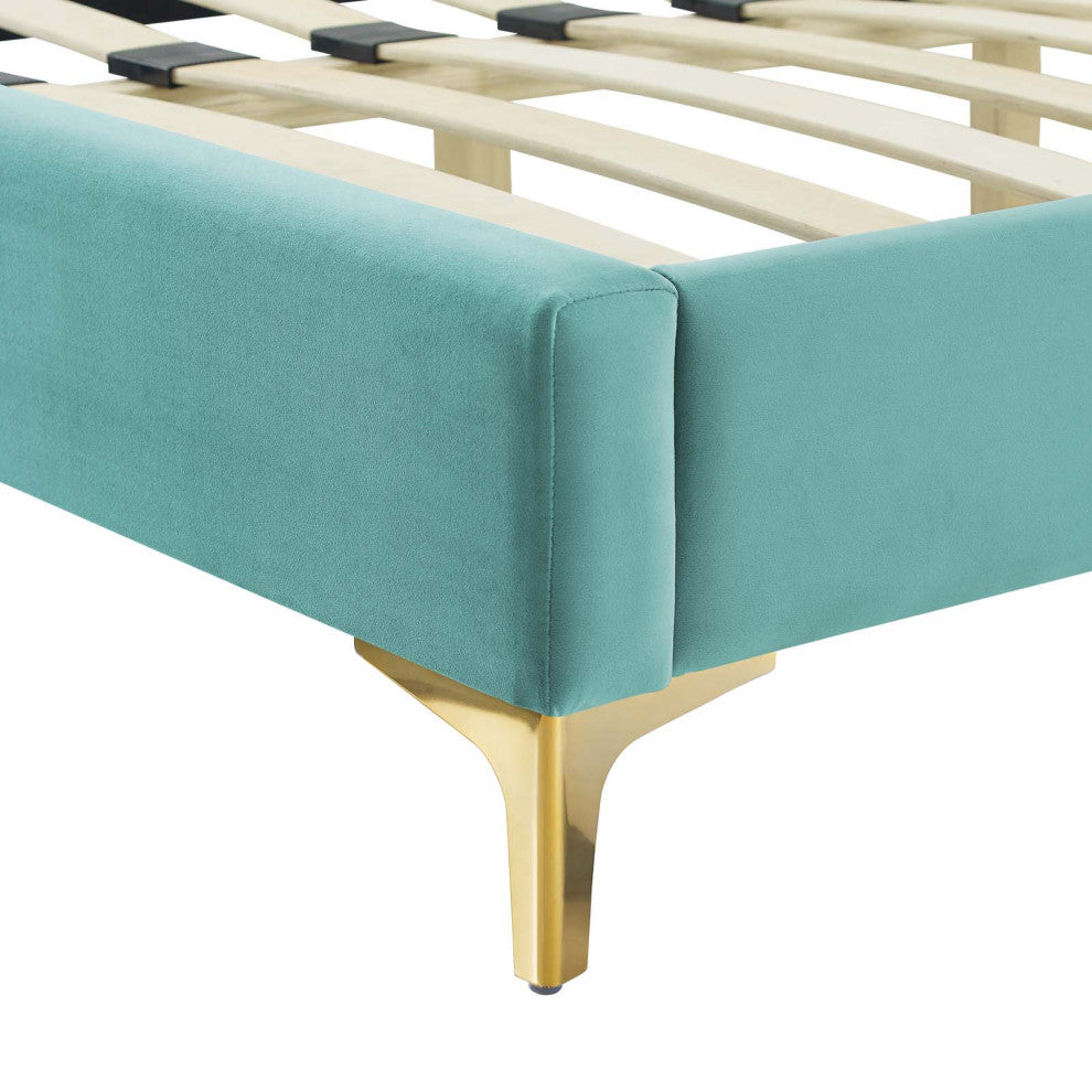 Platform Bed Frame, Nailhead, Queen Size, Blue, Velvet, Modern, Guest Suite