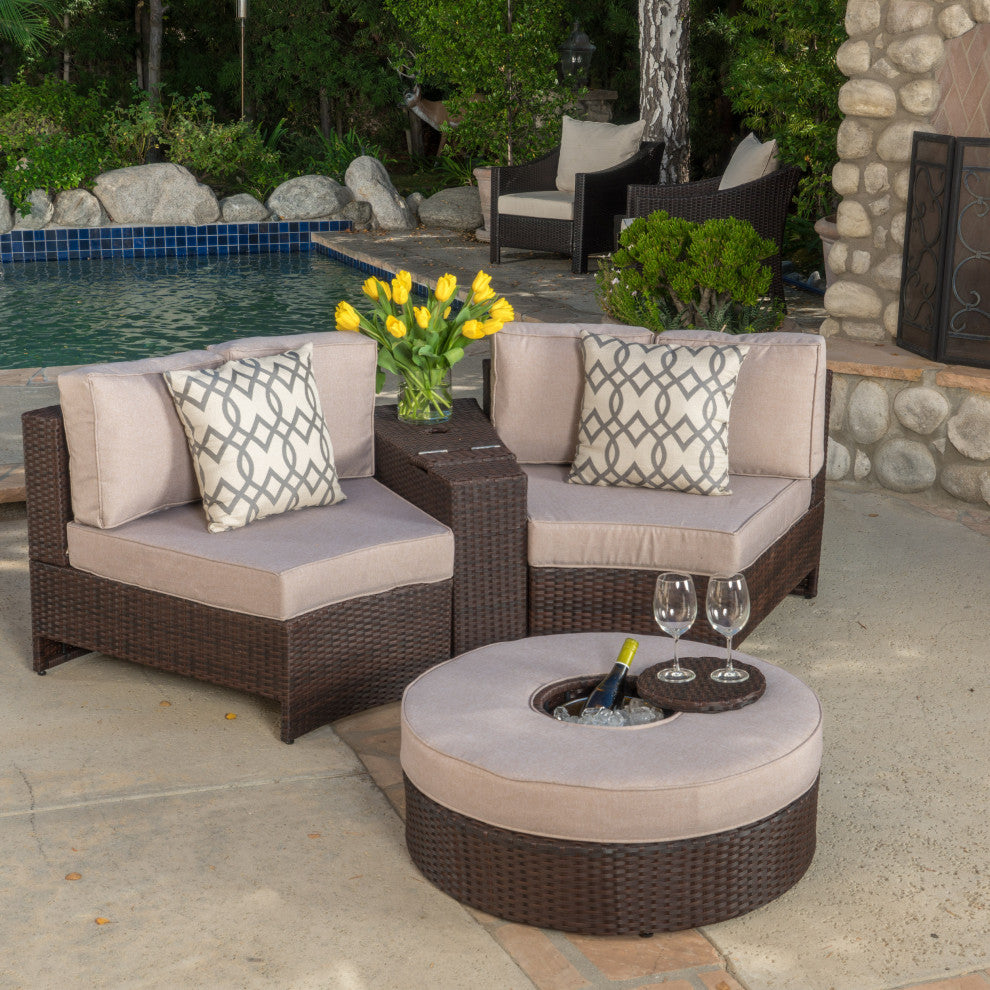GDF Studio 4-Piece Riviera Otranto Patio Semicircular Sectional, Cushions, Textured Beige, Ice Bucket Center Ottoman