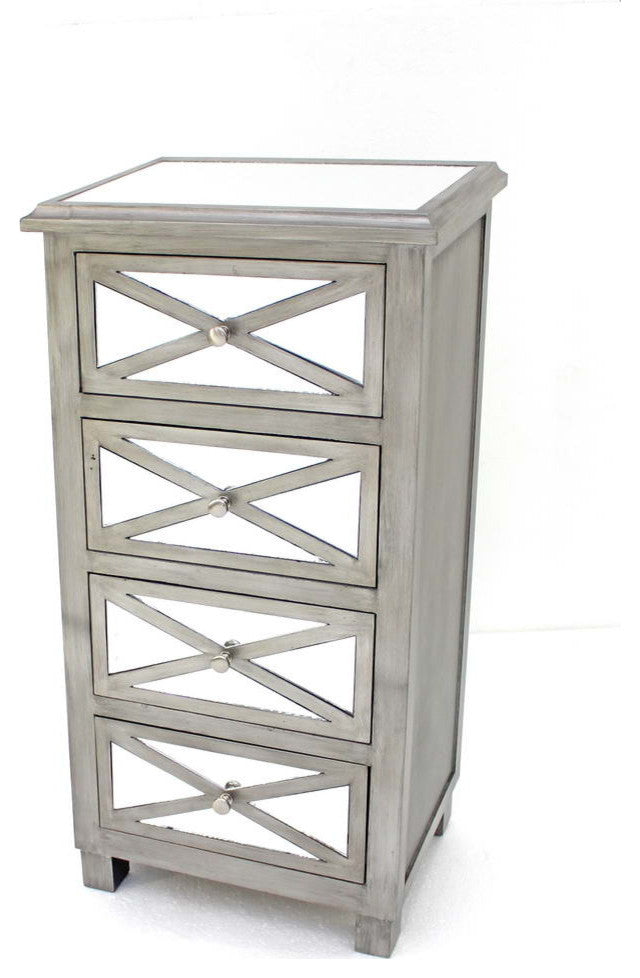 HomeRoots 13" x 19" x 39" Silver, 4 Drawer, Mirrored - Chest
