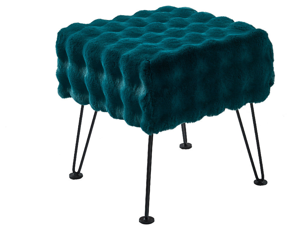Bubble Square Faux Fur Ottoman Stool, Teal, 17''x17''x17''
