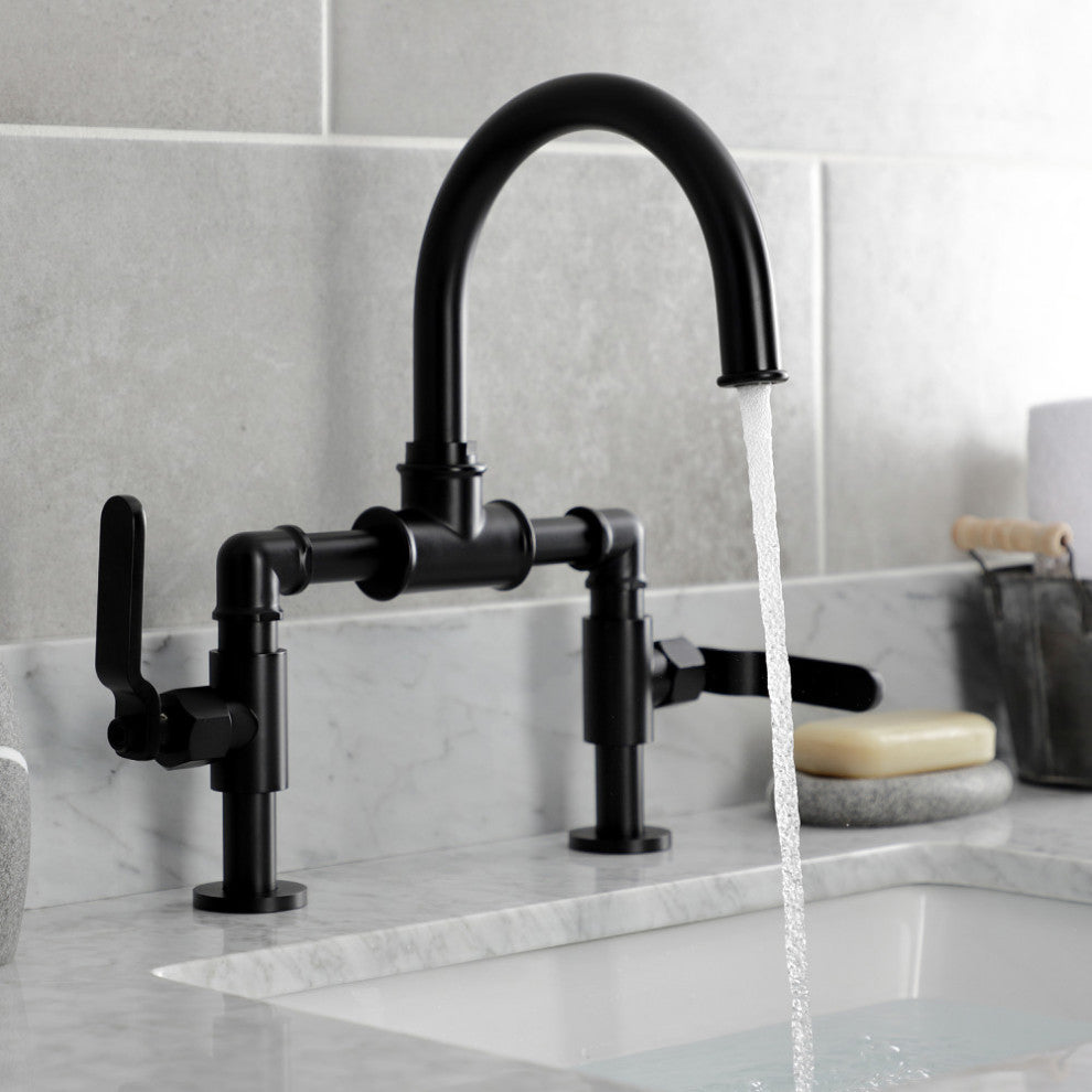 KS2170KL Industrial Style Bridge Bathroom Faucet With Pop-Up Drain, Matte Black