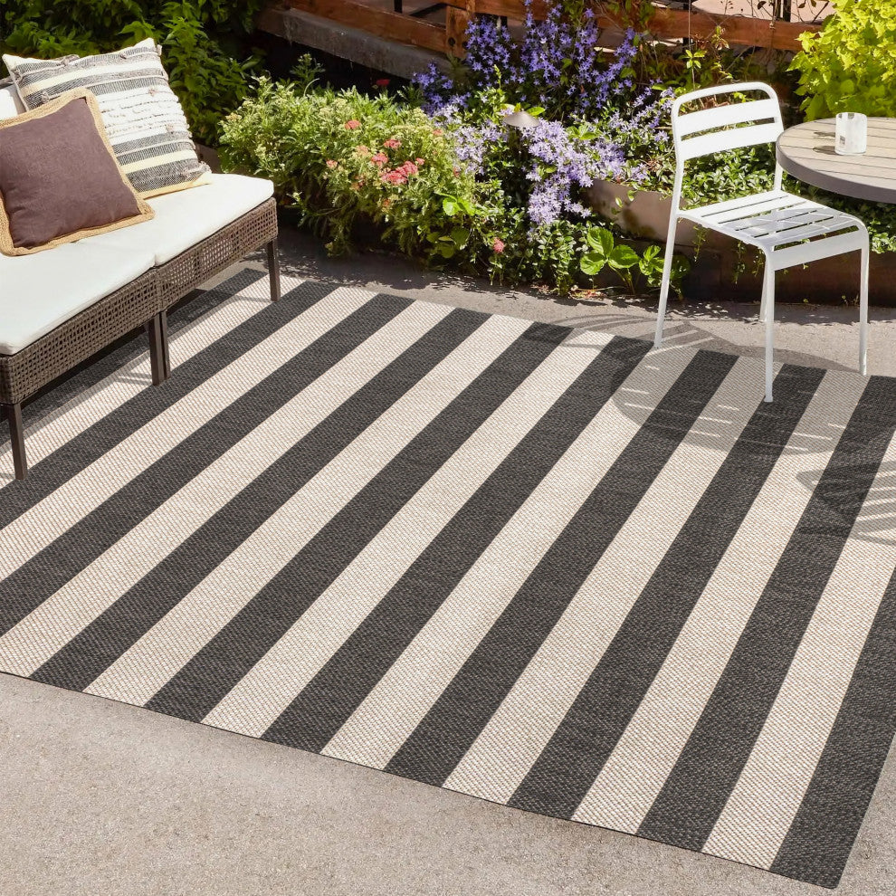 Negril Two-Tone Wide Stripe Indoor/Outdoor Area Rug, Black/Beige, 8x10