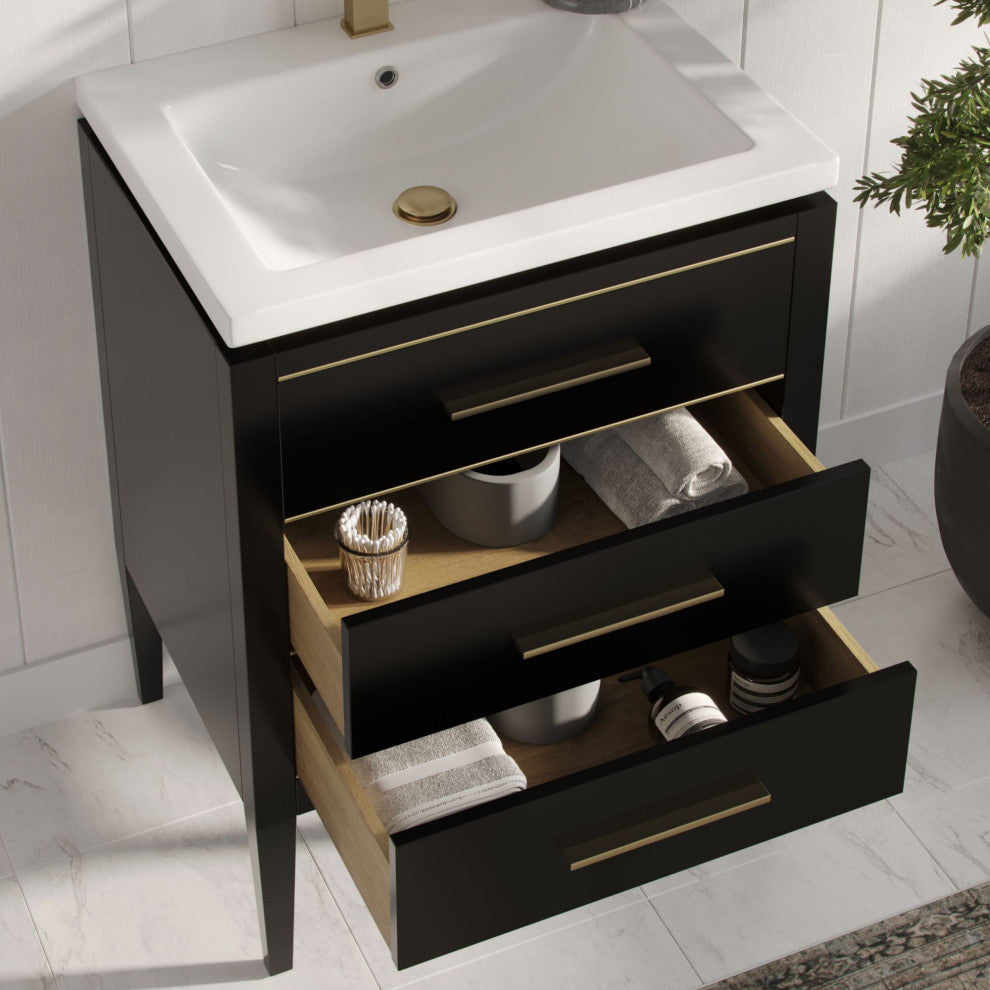 Celios Bathroom Vanity, Black with Brass Trim, 24", Single Sink, Freestanding