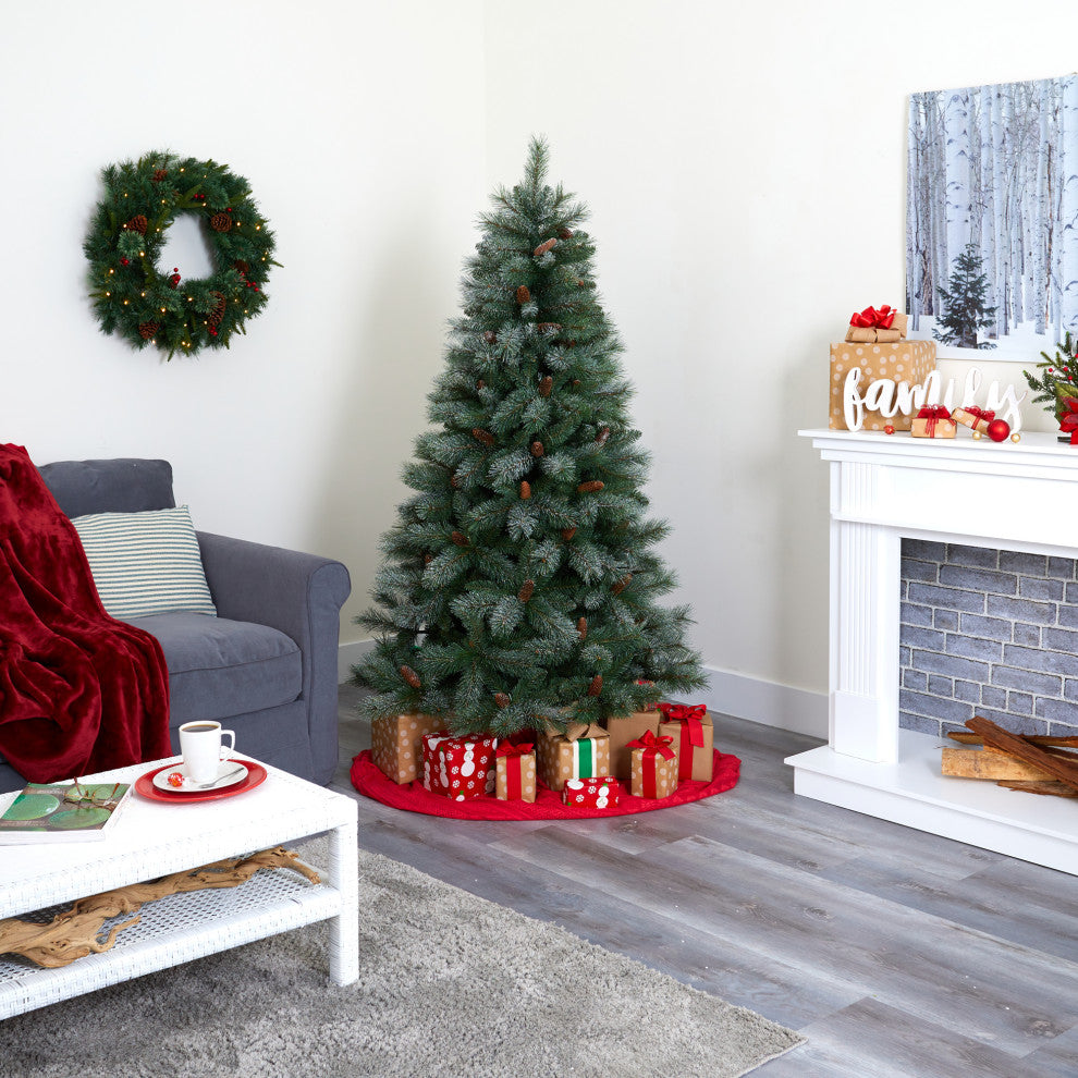 6' Snowed French Mountain Pine Faux Xmas Tree W/Bendable Branches & Pinecones