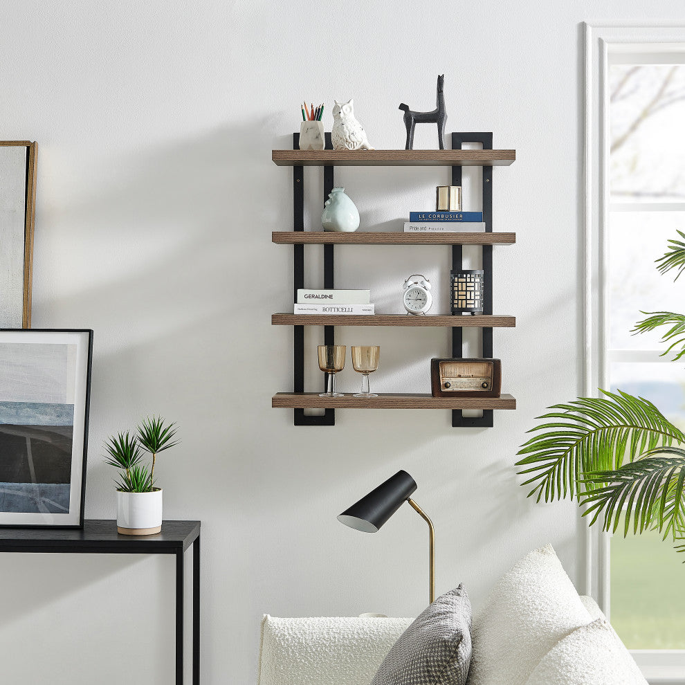 Danya B. 4-Tier Floating Bracket Wall Shelf Metal and MDF Finish, Walnut