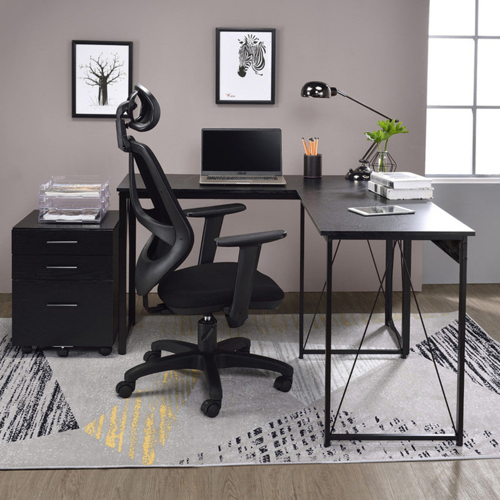 Wooden Writing Desk With Metal Frame, Black Finish