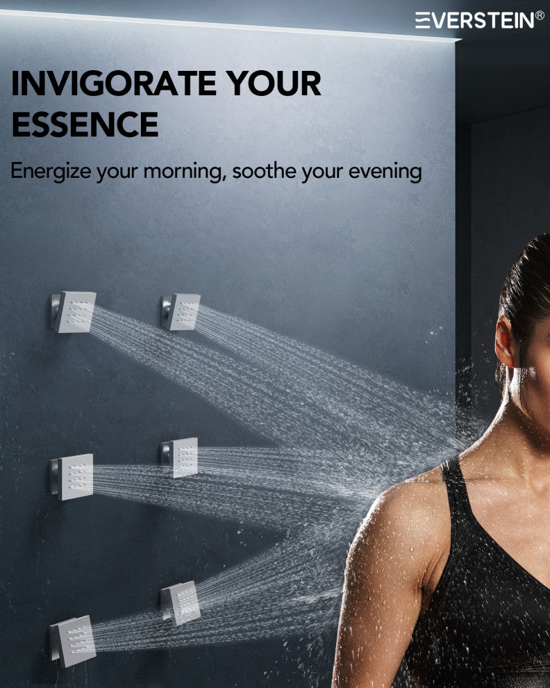 LED Thermostatic Shower System 12" Rain Shower Head with 6 Body Jets, Brushed Nickel