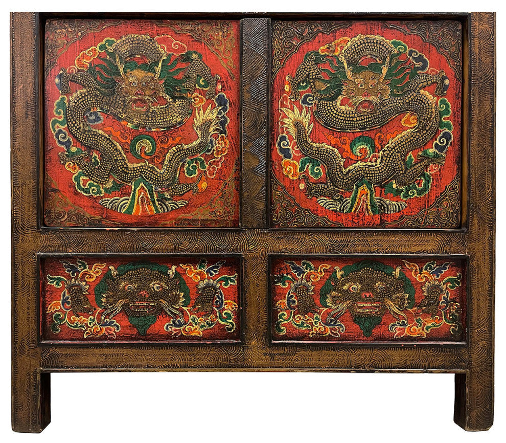 Consigned Antique Tibetan Painted Dragon Tall Cabinet