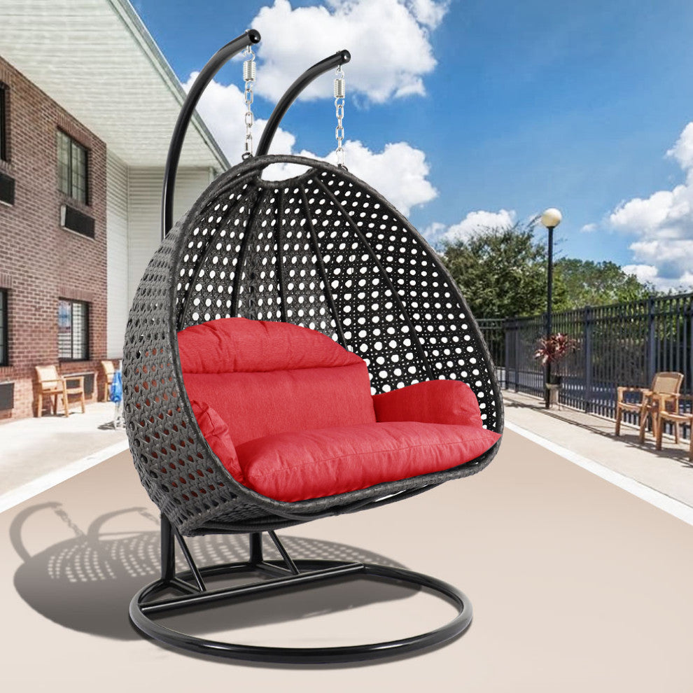 2 Person Charcoal Wicker Double Hanging Egg Swing Chair, Red