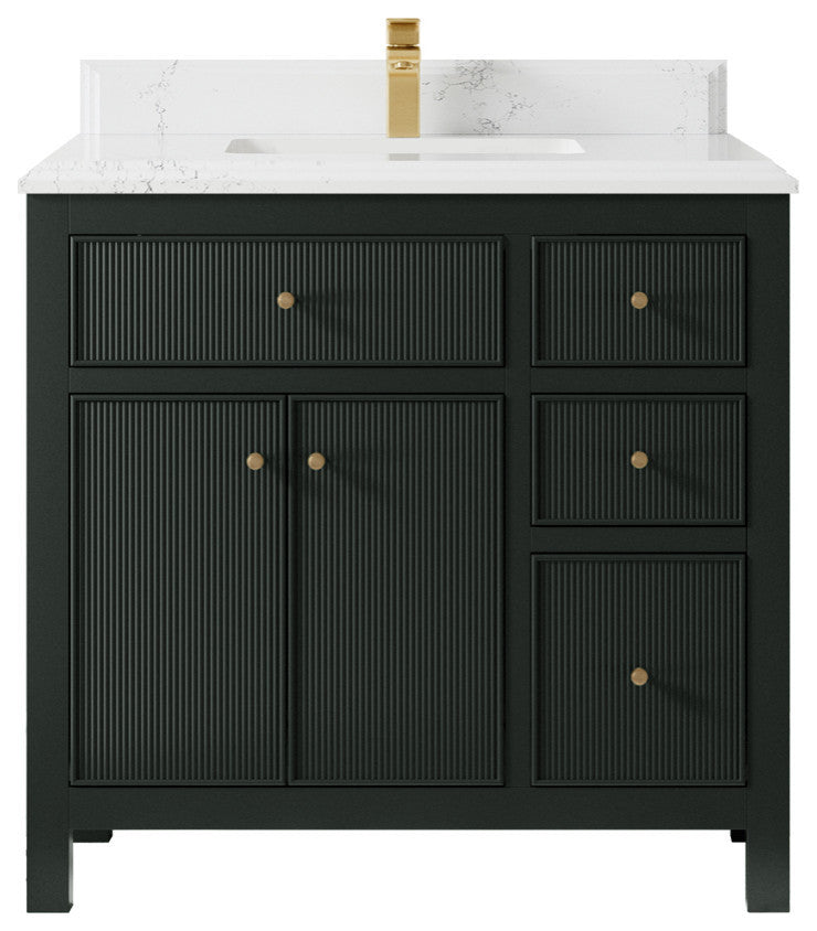 Sonoma 36 Center Sink Reeded Bath Vanity in Dark Forest Green 1.5" Empira Quartz