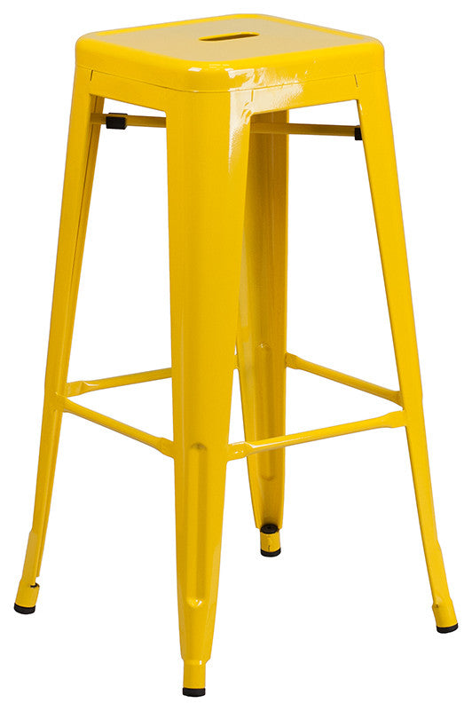 30" Round Yellow Metal Bar 5-Piece Table Set With 4 Square Seat Backless Stools