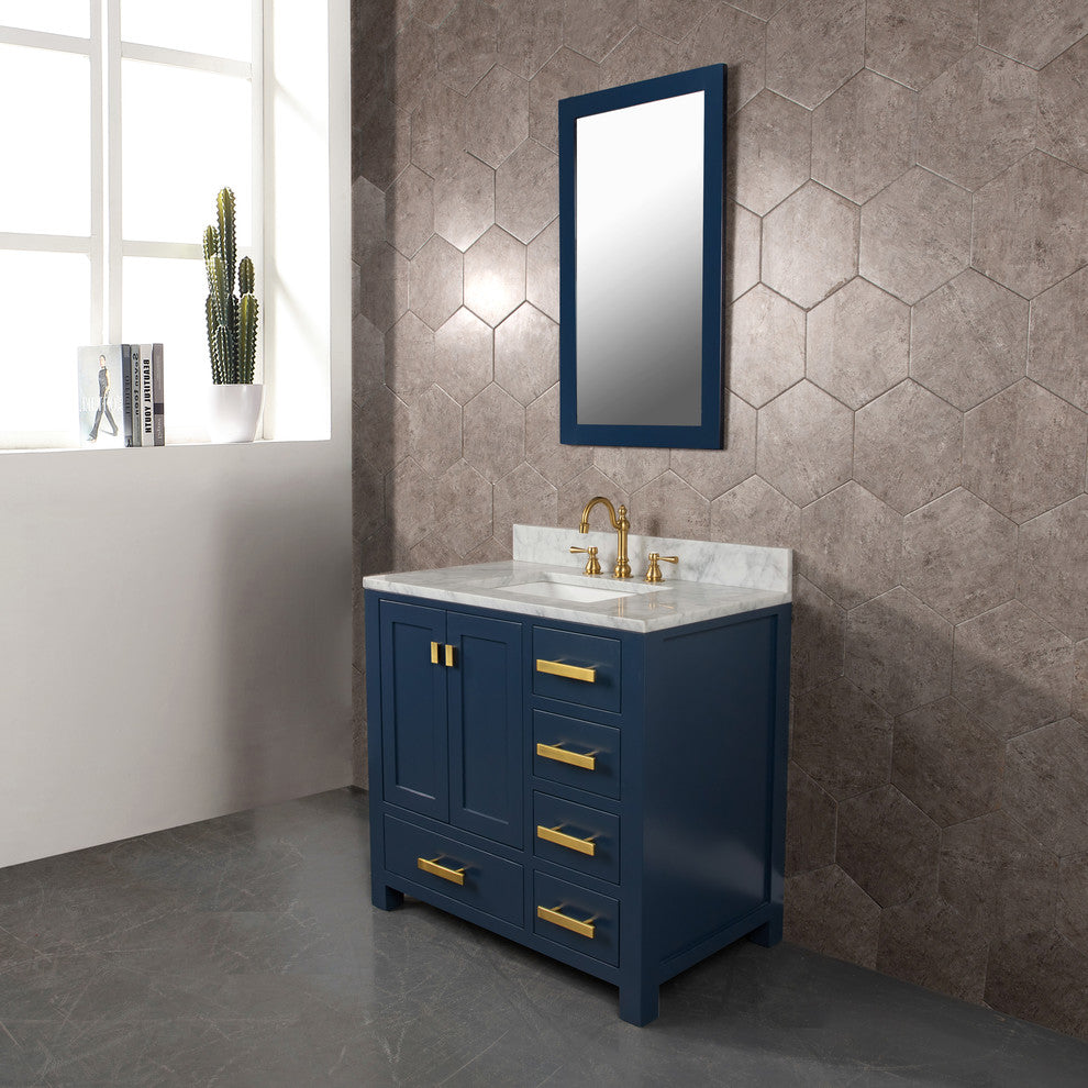 Madison 36" Carrara White Marble Vanity, Monarch Blue With Faucet