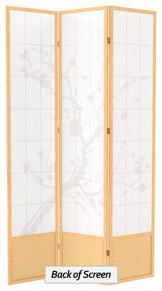 7' Tall Cherry Blossom Shoji Screen, Natural, 3 Panels