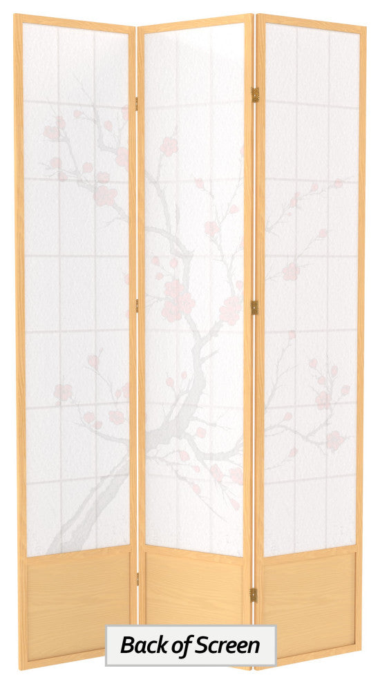 7' Tall Cherry Blossom Shoji Screen, Natural, 3 Panels