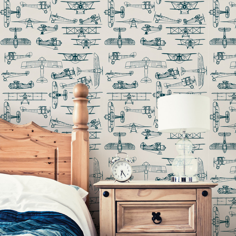 Airplanes Peel and Stick Vinyl Wallpaper, Slate Teal, 24"w X 60"h