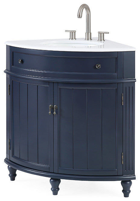 24 Inch Triadsville Grey Corner Design Bathroom Vanity With Quartz Top, Navy Blue
