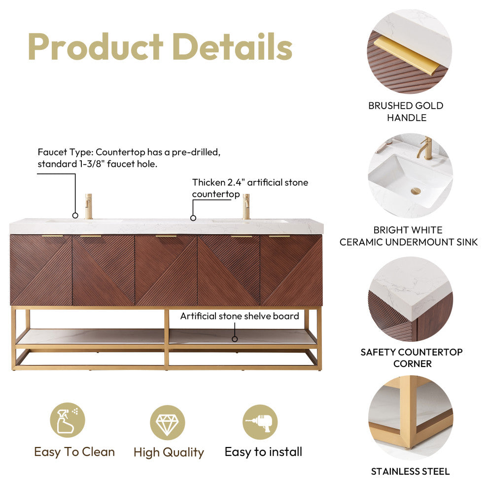 Mahon Bath Vanity, Stone Top, Brushed Gold Base, 72", Double Vanity, No Mirror